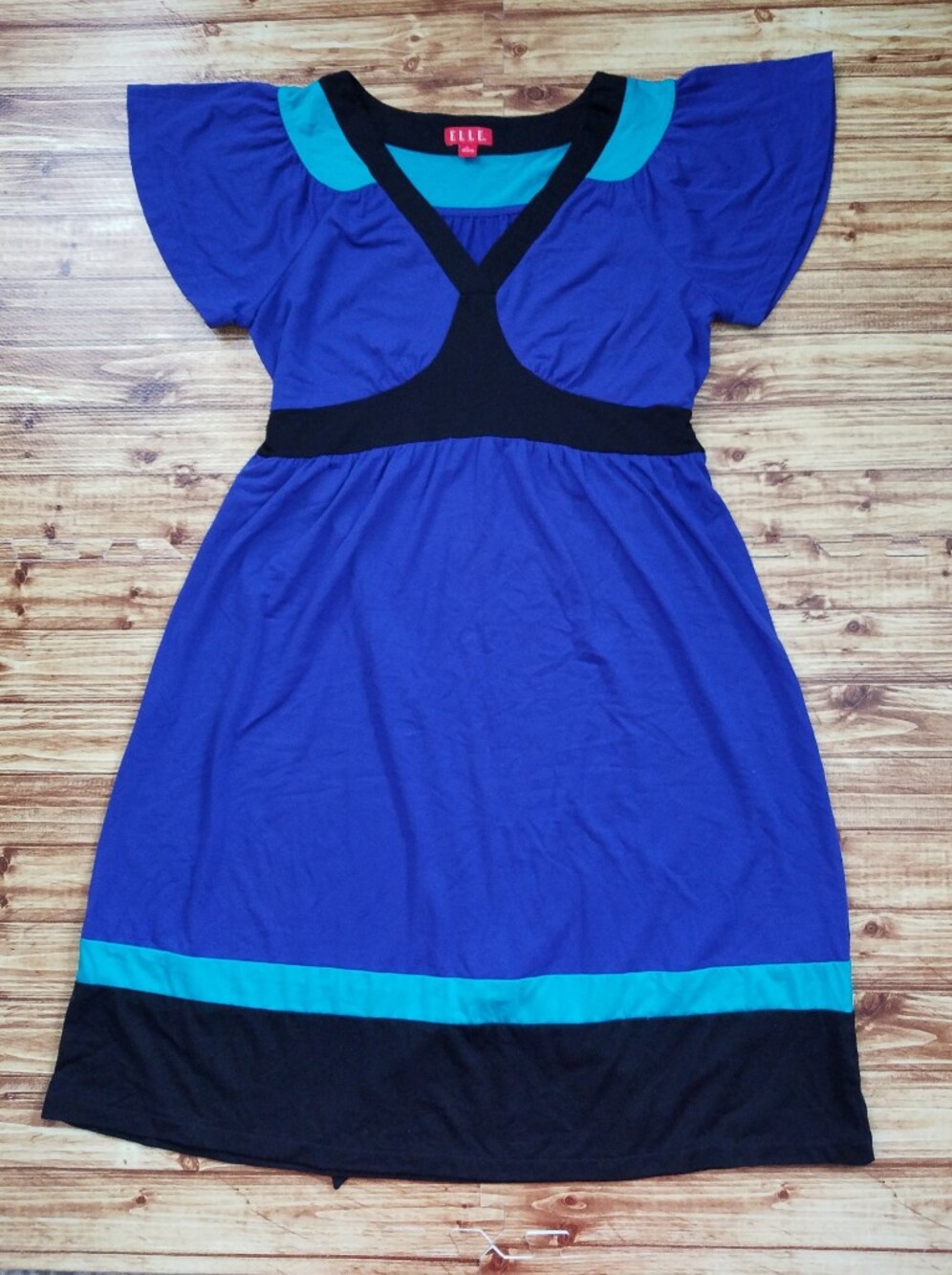 Elle Blue Black Midi Dress with Teal Accents Women's Large L Empire Waist Casual
